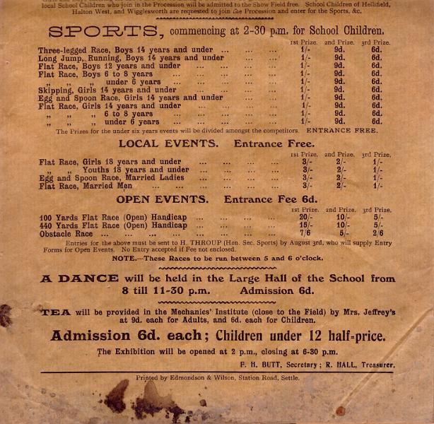 Flower Show 1914 (bottom).JPG - Long Preston Flower Show 1914     (  Bottom half of poster. )      ( Sports and Dance )  